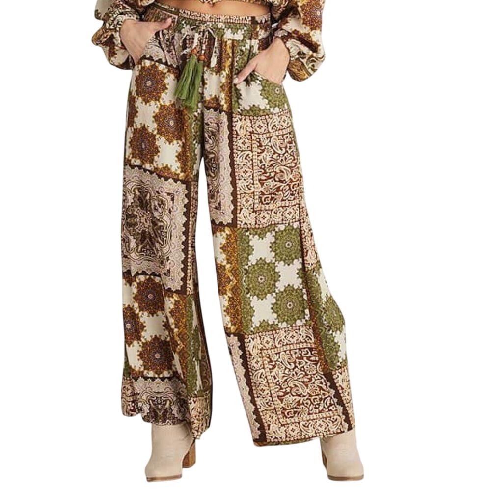 Talisman $148 Freedom Paisley Gardens Crepe Elastic Tie Waist Wide Leg Pants M
